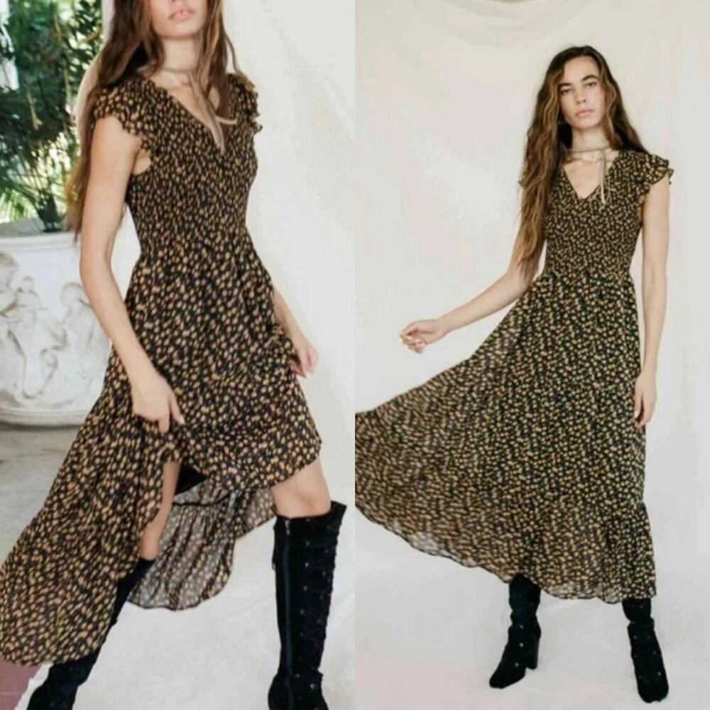 Women’s Black Floral Maxi Dress with Ruffle Sleeves